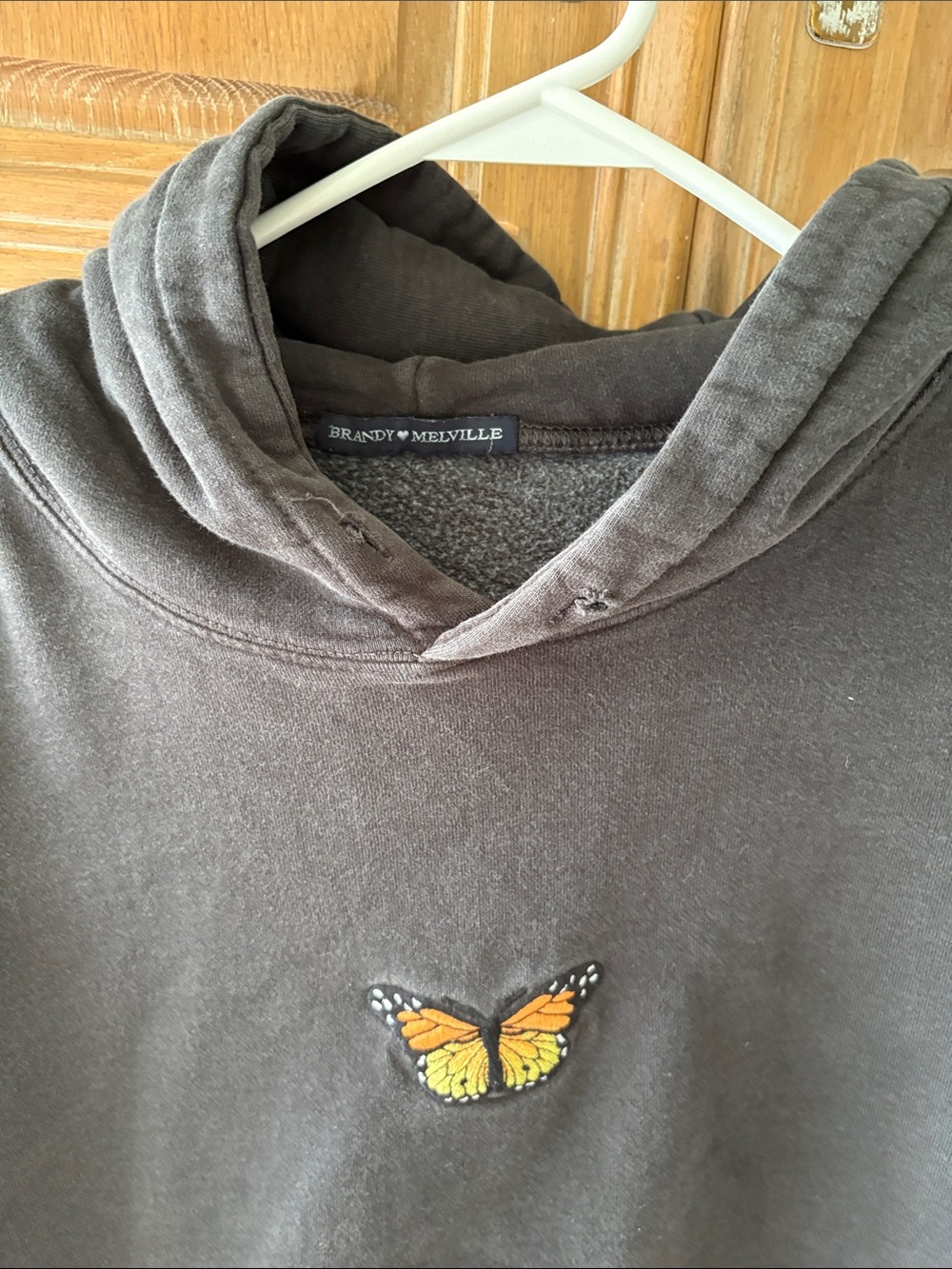 Brandy Melville Men's Charcoal Crewneck with Orange Butterfly